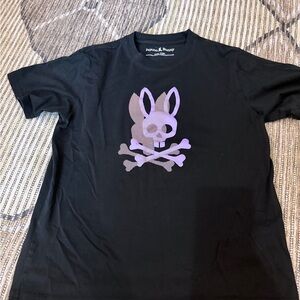 Psycho Bunny Black Tee with Lavender Bunny Skull Graphic